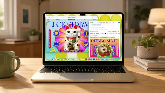 Een geopende MacBook op een houten bureau toont kleurrijke ontwerpen op het scherm en biedt een blik op de mogelijkheden van de Nieuwe Mac modellen 2026.