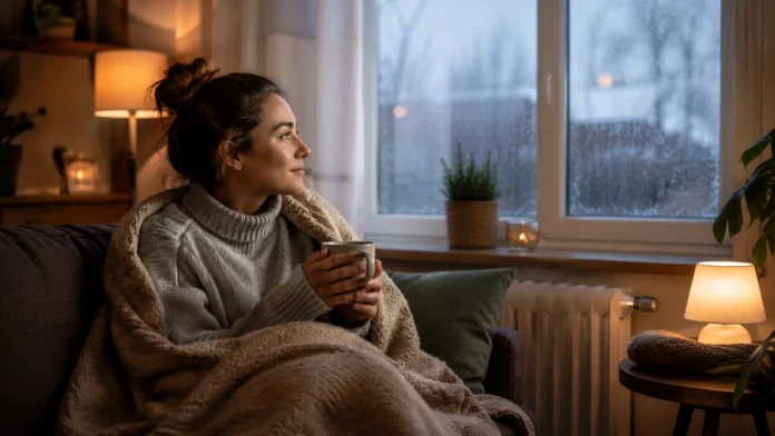 Een jonge vrouw zit behaaglijk onder een warme deken op de bank met een mok thee terwijl ze uit het raam naar het winterweer kijkt, passend bij de ondersteuning van het Noodfonds Energie 2026.