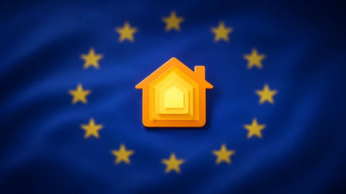 Een goudkleurig HomeKit-pictogram voor een wazige Europese vlag in de context van Pegasus spyware Apple HomeKit.