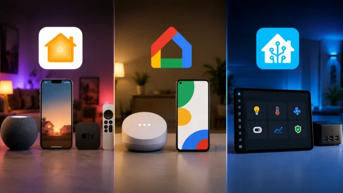 Verschillende smart home apparaten van Apple, Google en Home Assistant worden getoond in drie sfeervol verlichte segmenten als onderdeel van het Philips Hue ecosysteem.