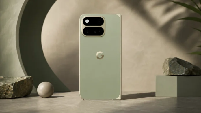 Een saliegroene smartphone met een innovatief dubbel camera-ontwerp uit de Pixel 11 Pro Fold leak staat in een minimalistische en artistieke omgeving.