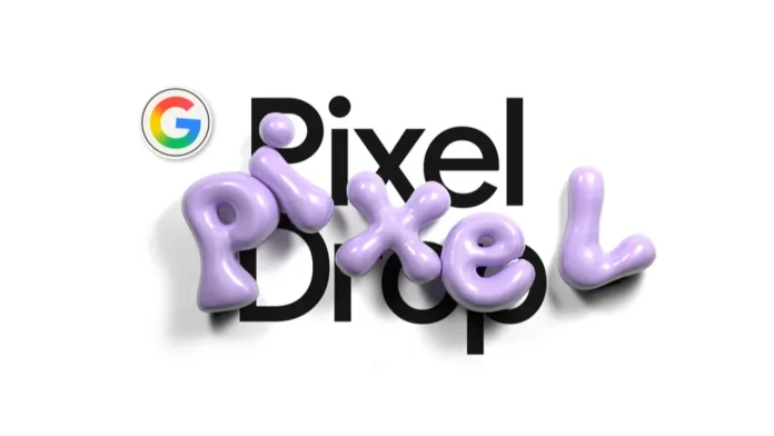 Een Google-logo naast de tekst Pixel Drop met het woord Pixel in speelse paarse 3D-letters op een witte achtergrond.