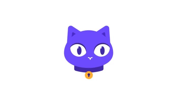 Een illustratie van een paarse cartoonkat met grote ogen en een goudkleurig slotje aan zijn halsband in de stijl van pROTON.