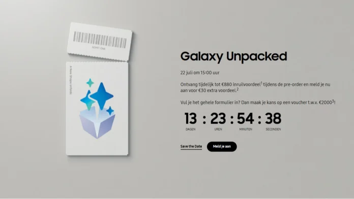 Een promotionele weergave van de aankondiging voor Samsung Galaxy Unpacked 2026 met een grafisch ticket en een aftelklok voor het evenement op 22 juli.