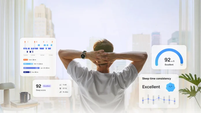 Een man kijkt uit over de stad terwijl hij zijn uitstekende slaapscore en gedetailleerde slaapstatistieken bekijkt via Samsung Health AI-training.