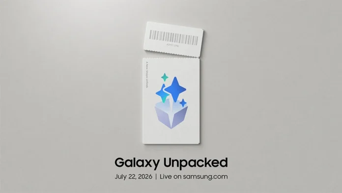 Een stijlvolle witte uitnodiging voor het Samsung Unpacked evenement op 22 juli 2026, met een ticketontwerp en sprankelende blauwe iconen op een grijze achtergrond.