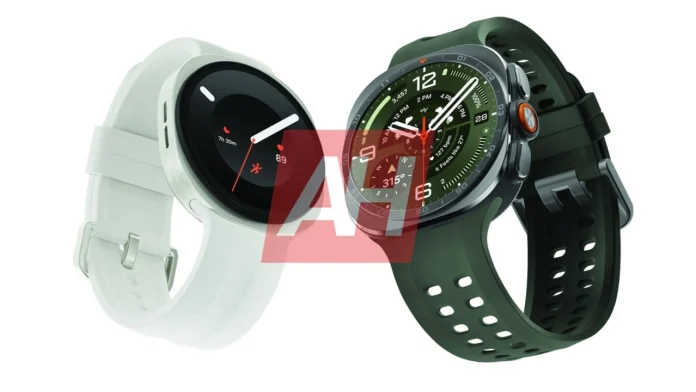 Twee nieuwe smartwatches van Samsung, een elegant wit model en een robuuste donkergroene sportuitvoering, worden zij aan zij gepresenteerd voor Samsung Unpacked.