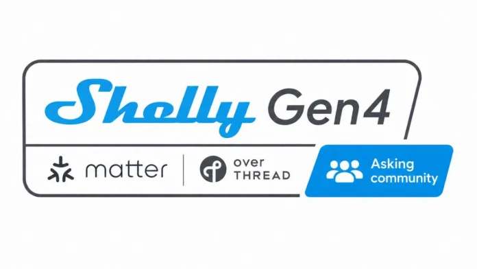 Een grafische weergave van het Shelly Gen4-logo met ondersteuning voor Matter over Thread voor geavanceerde smart home-automatisering.