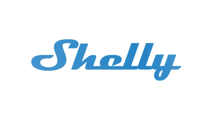 Het blauwe Shelly logo op een witte achtergrond in het kader van de Shelly overname Schneider Electric.