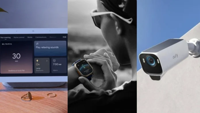 Een collage van een smart display met bedtijdinstellingen, een geavanceerde smartwatch en een witte Eufy beveiligingscamera biedt een compleet smarthomeoverzicht van moderne technologische apparaten.