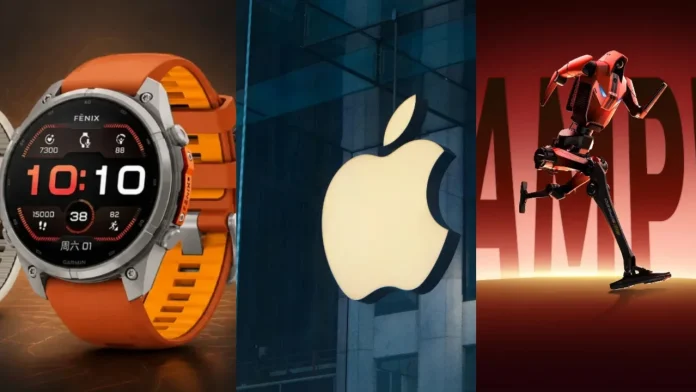 Garmin smartwatch, Apple logo en een AI-gestuurde robot die de toekomst van technologie laten zien.