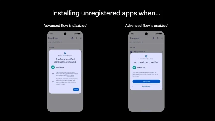 Android sideloaden Advanced Flow: verschil in meldingen bij het installeren van niet-geregistreerde apps.