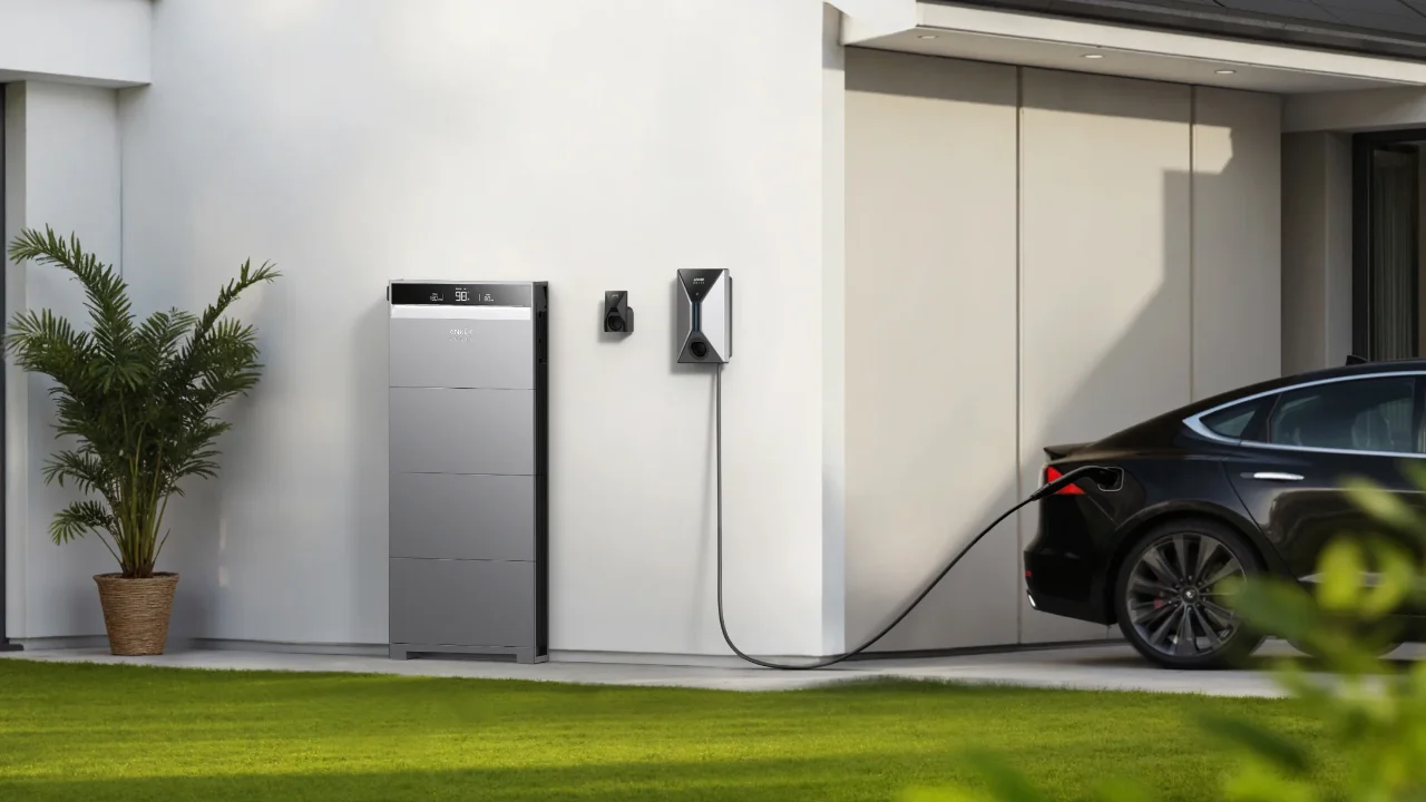 Anker thuisbatterij en EV-lader laden een zwarte elektrische auto op bij een modern huis.