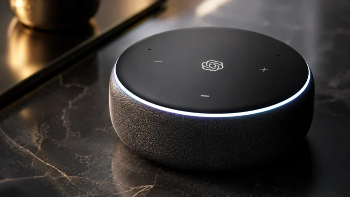 Een moderne zwarte smart speaker met het OpenAI-logo en een oplichtende lichtring op een marmeren oppervlak illustreert de integratie van ChatGPT.