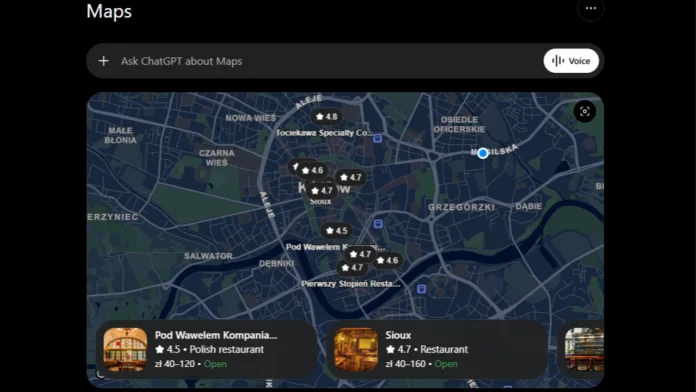 Een interactieve digitale kaartinterface toont restaurantlocaties en beoordelingen met een zoekbalk die gebruikers uitnodigt om ChatGPT vragen te stellen over de kaart.