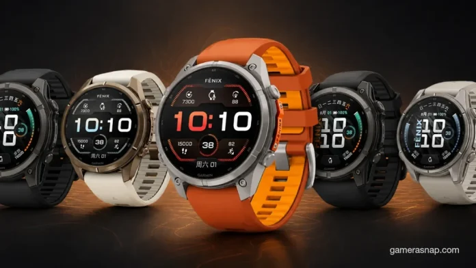 Vijf Garmin Fenix 9 smartwatches in diverse kleuren met een opvallend oranje model op een donkere achtergrond.