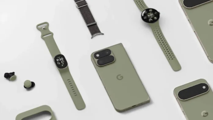 Google Pixel smartphones, smartwatches en oordopjes in saliegroen op een witte achtergrond.