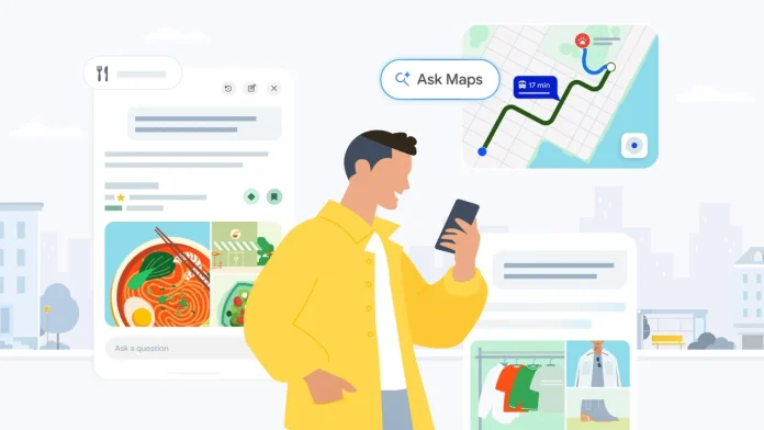 Een man in een gele jas gebruikt zijn smartphone om aanbevelingen voor eten en routes te bekijken op Google Maps.