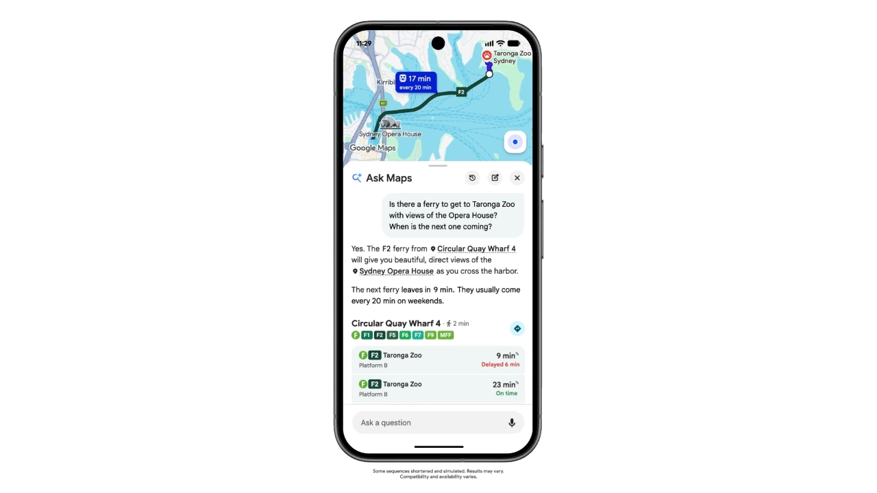 Een smartphone toont de Ask Maps-functie in Google Maps met een chatinterface die informatie geeft over veerbootroutes naar de Taronga Zoo in Sydney.
