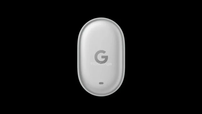Een strakke witte ovale Google Pixel Tag met een centraal geplaatst grijs G-logo tegen een effen zwarte achtergrond.