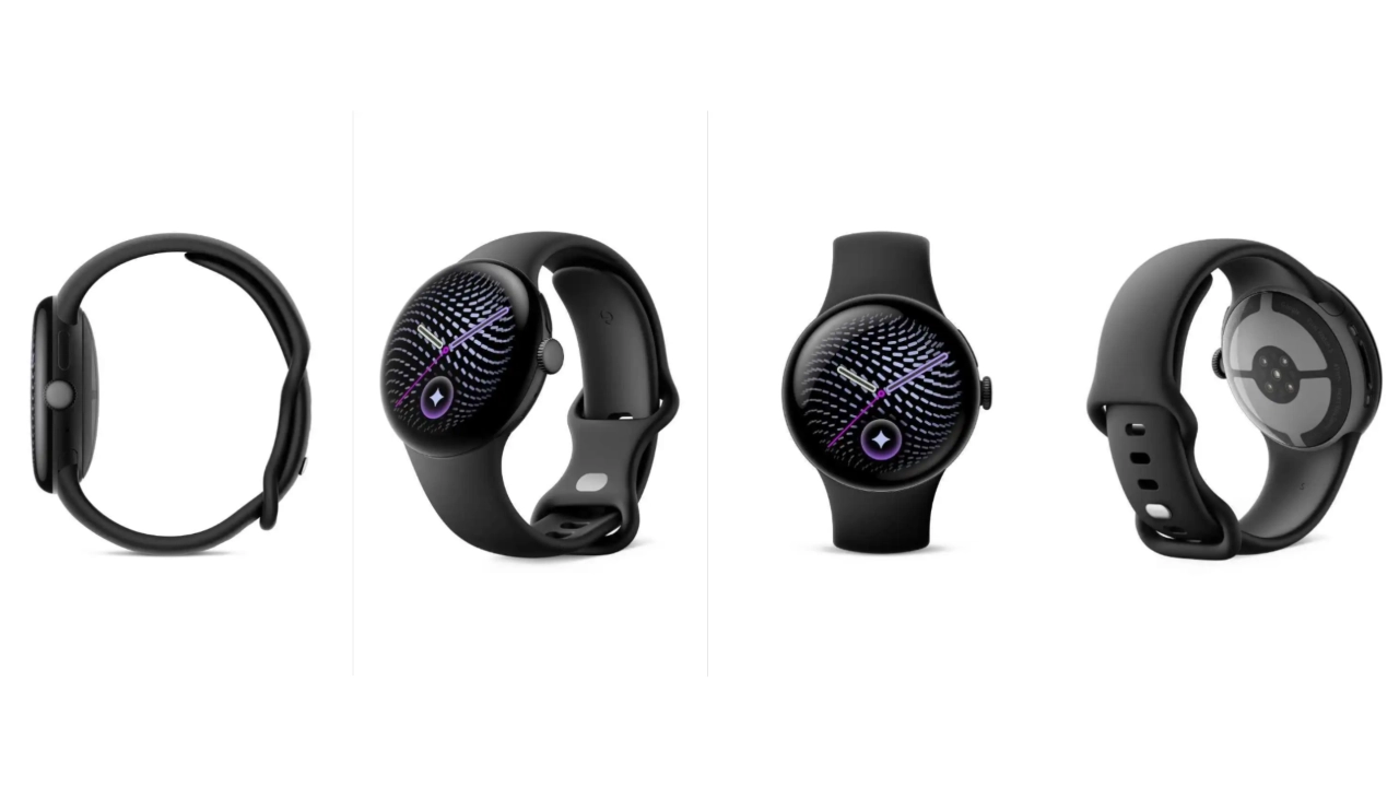Verschillende aanzichten van de Google Pixel Watch 5 in het zwart met een modern rond display en een sportieve siliconen horlogeband.