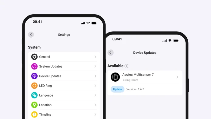 Homey app instellingen en apparaatupdates voor slimme apparaten zoals de Aeotec Multisensor 7.