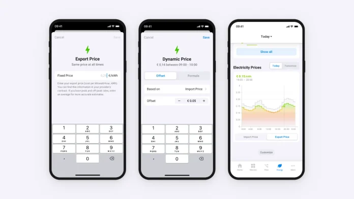Homey app interface voor het beheren van dynamische energieprijzen en exporttarieven.