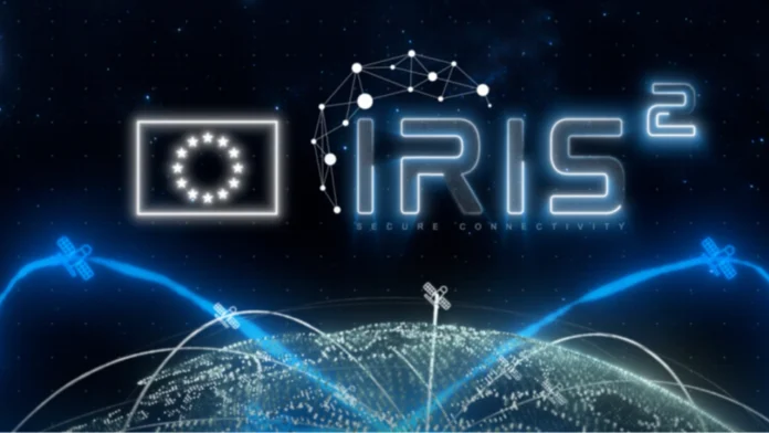 Het IRIS²-programma voor veilige connectiviteit wordt weergegeven met een Europees symbool en satellieten die de aarde in de ruimte omringen.