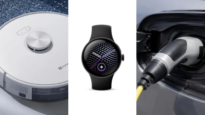 Een witte robotstofzuiger, een zwarte smartwatch en een elektrische auto aan een laadpaal worden getoond in dit Overzicht Week 31 van technologische innovaties.