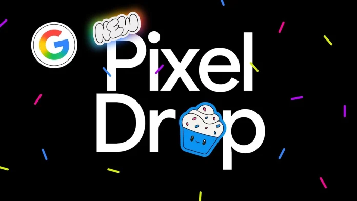Een kleurrijke afbeelding op een zwarte achtergrond die een nieuwe Google Pixel Drop aankondigt met een schattig cupcake-icoontje en feestelijke confetti.