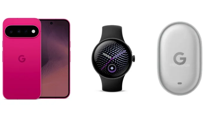 Een verzameling Google Pixel-apparaten bestaande uit een opvallende roze smartphone, een zwarte ronde smartwatch en een wit oplaadhoesje voor oortjes tegen een witte achtergrond.