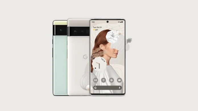 Drie Google Pixel smartphones in verschillende kleuren, waaronder lichtgroen en wit, waarbij het voorste toestel een artistiek portret op het scherm toont.