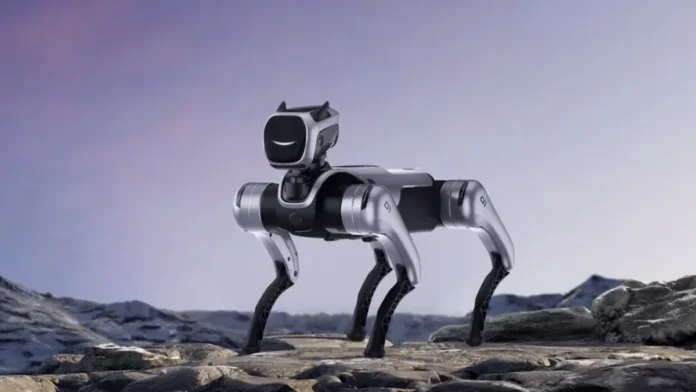 Futuristische Robothond Dreame op rotsen in een berglandschap met een digitale glimlach.