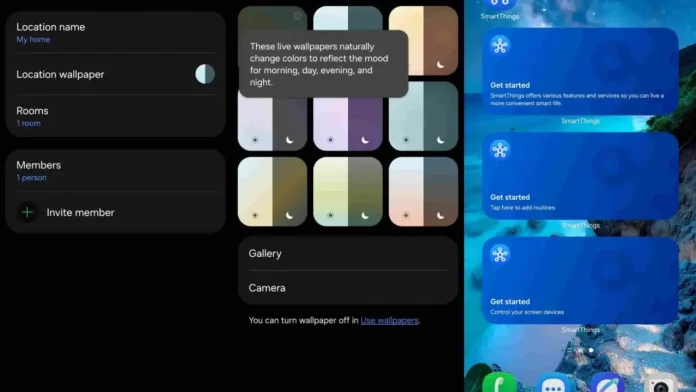 Deze interface toont diverse live achtergrondopties en startscherm-widgets die beschikbaar zijn na een Samsung SmartThings update.