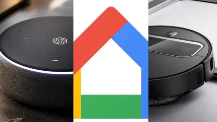 Een collage van een slimme luidspreker met AI-logo, het Google Home-pictogram en een zwarte robotstofzuiger als onderdeel van het Smart Home Weekoverzicht Week 32.
