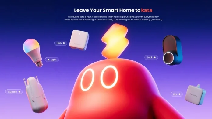 De AI-assistent Kata wordt omringd door diverse Switchbot smart home producten zoals een slimme lamp, hub, slot en gordijnbediening tegen een paarse achtergrond.