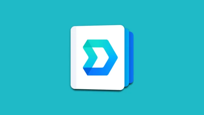 Het officiële Synology Drive-pictogram met een gestileerde blauwe pijl in een wit kader op een lichtblauwe achtergrond.
