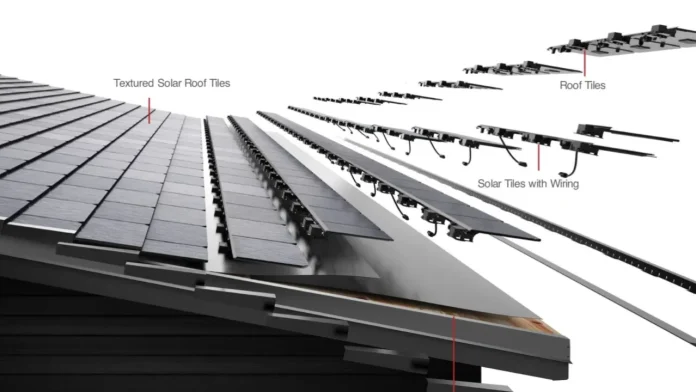 Tesla Solar Roof overzicht met getextureerde zonnepannen en bedrading.