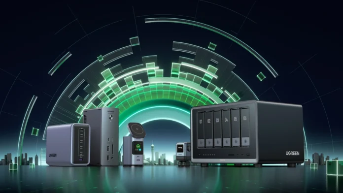 Een verzameling innovatieve Ugreen technologische producten, waaronder een 6-bay NAS en diverse dockingstations, tegen een futuristische achtergrond met groene digitale elementen.