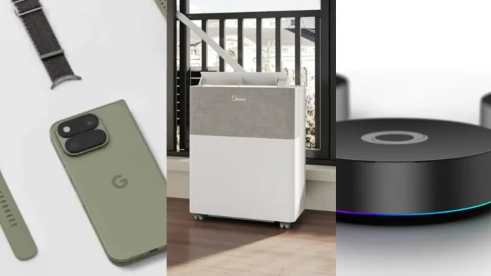 Weekoverzicht met een Google Pixel telefoon, Midea airco en smart home gadgets.