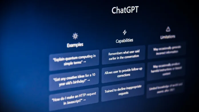 ChatGPT interface op een scherm met voorbeelden, mogelijkheden en beperkingen van de ai chatbot.