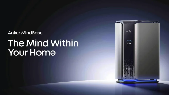 Anker MindBase smart home hub with digital display and eufy branding, featuring the slogan The Mind Within Your Home.