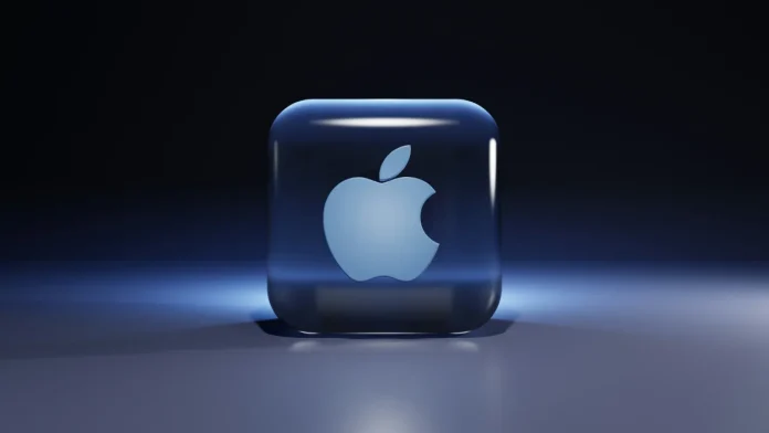 Modern 3D Apple logo in een transparante blauwe kubus met een minimalistische donkere achtergrond.