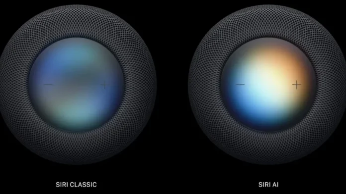 Bovenaanzicht van Apple HomePod met Siri Classic en Siri AI interface en kleurrijke lichteffecten.