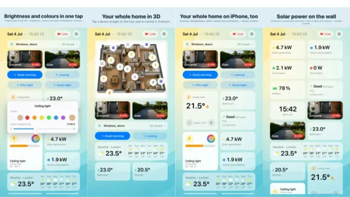Slimme woning app interface voor Apple iPhone met 3D-plattegrond, verlichting en zonne-energie monitoring.