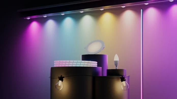 Aqara smart lighting display with LED strips, bulbs, and downlights against a colorful ambient background.
