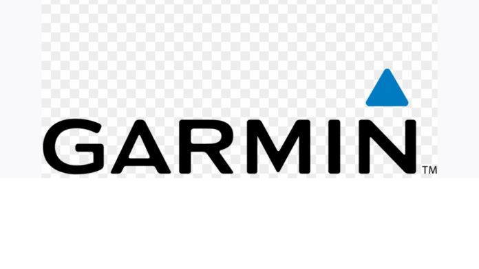 Het Garmin logo met zwarte hoofdletters en een blauwe driehoek boven de letter N.