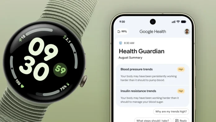 Google Pixel Watch en smartphone met de Google Health-app die gezondheidsgegevens en trends weergeeft.