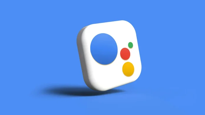 3D Google Assistant logo met kleurrijke stippen op een blauwe achtergrond.