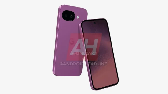 Render van een paarse Google Pixel smartphone met dubbele camera en plat scherm.